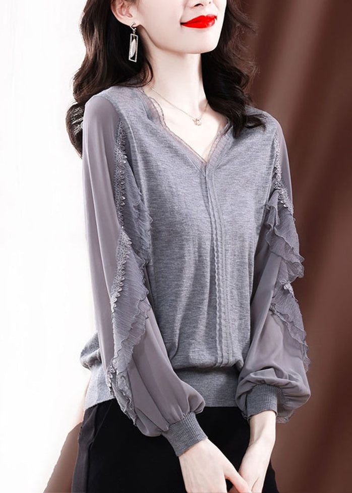 Modern Grey V Neck Ice Silk Patchwork Knit Top Spring