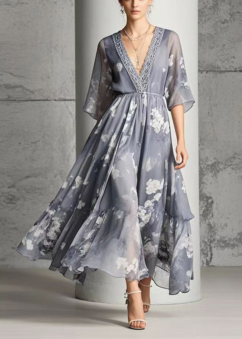 Modern Grey V Neck Print Chiffon Long Dress Summer