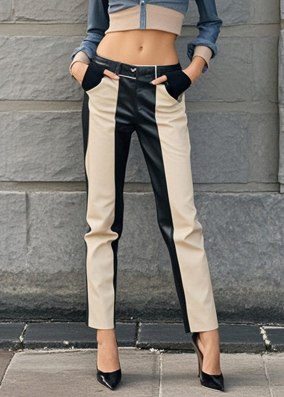 Modern Khaki Black Patchwork Pockets Faux Leather Pants Fall