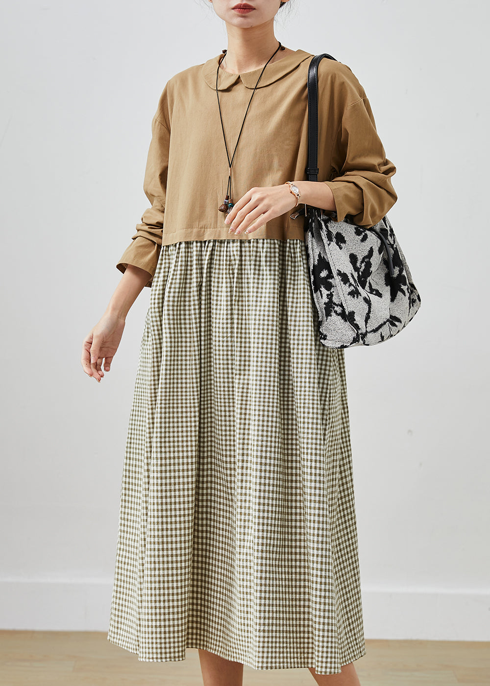 Modern Khaki Oversized Patchwork Plaid Cotton Maxi Dresses Spring