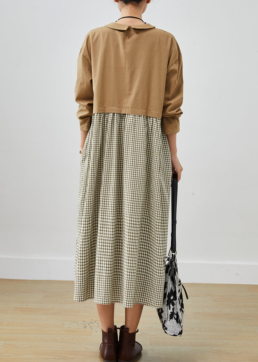 Modern Khaki Oversized Patchwork Plaid Cotton Maxi Dresses Spring