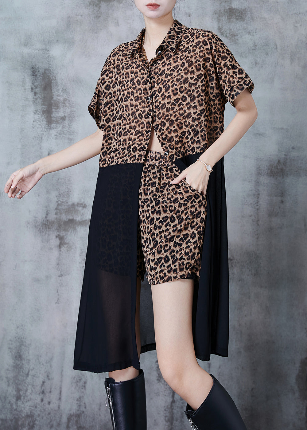 Modern Leopard Print Patchwork Chiffon Two Piece Set Summer