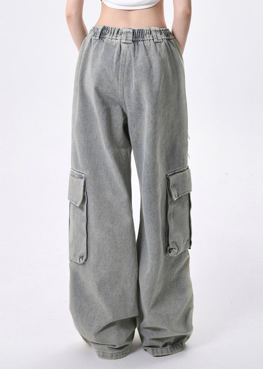 Modern Light Blue Elastic Waist Pockets Denim Pants Spring