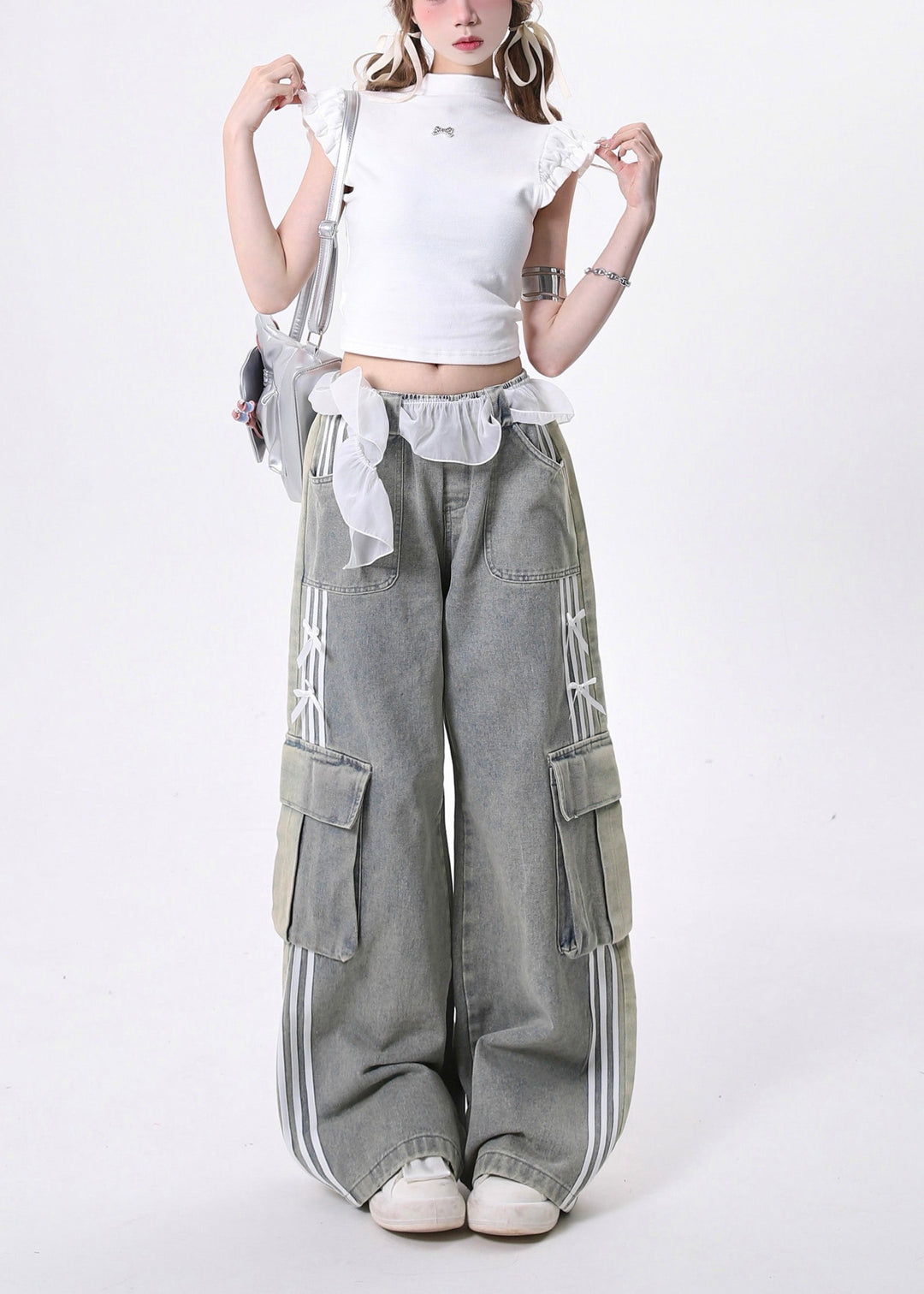 Modern Light Blue Elastic Waist Pockets Denim Pants Spring