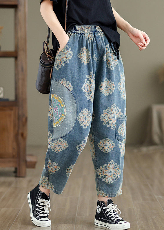 Modern Light Blue Oversized Print Denim Harem Pants Spring