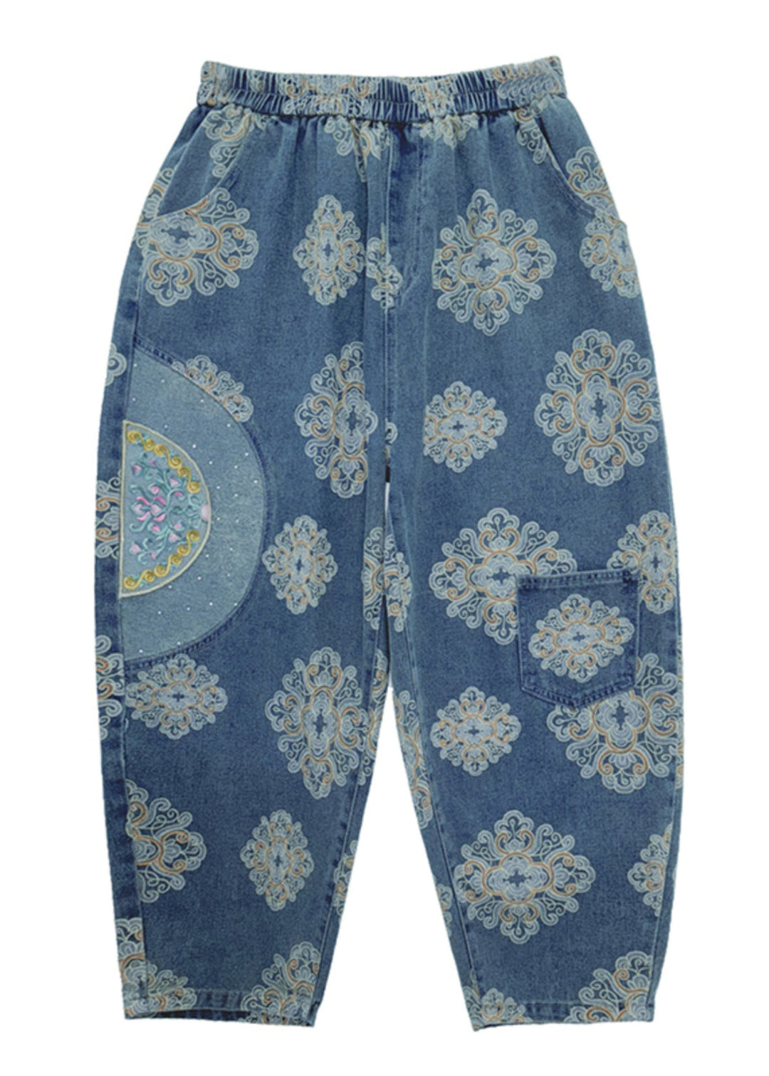 Modern Light Blue Oversized Print Denim Harem Pants Spring