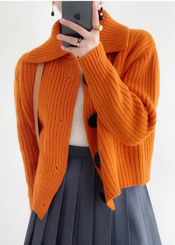 Modern Orange Peter Pan Collar Button Down Knit Cardigan