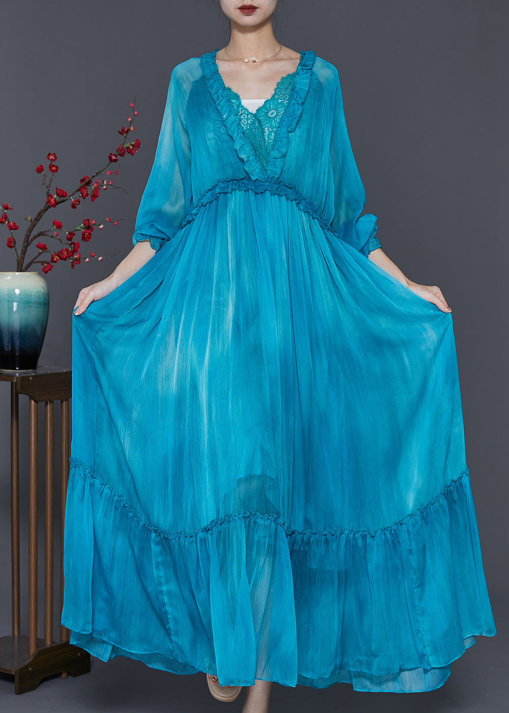 Modern Peacock Blue Ruffled Patchwork Chiffon Maxi Dress Spring