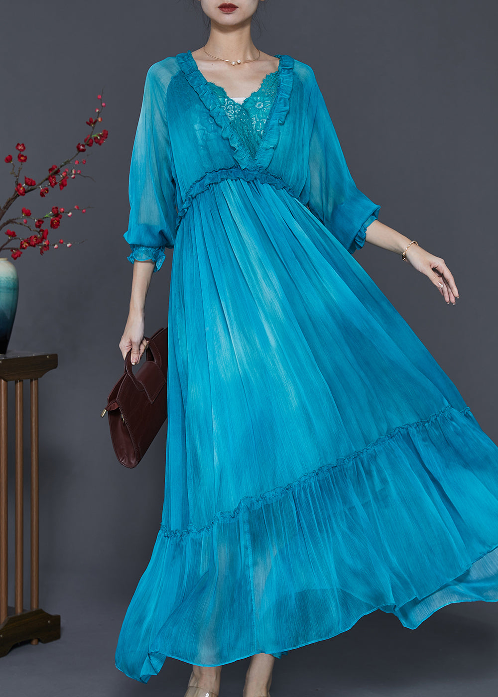 Modern Peacock Blue Ruffled Patchwork Chiffon Maxi Dress Spring