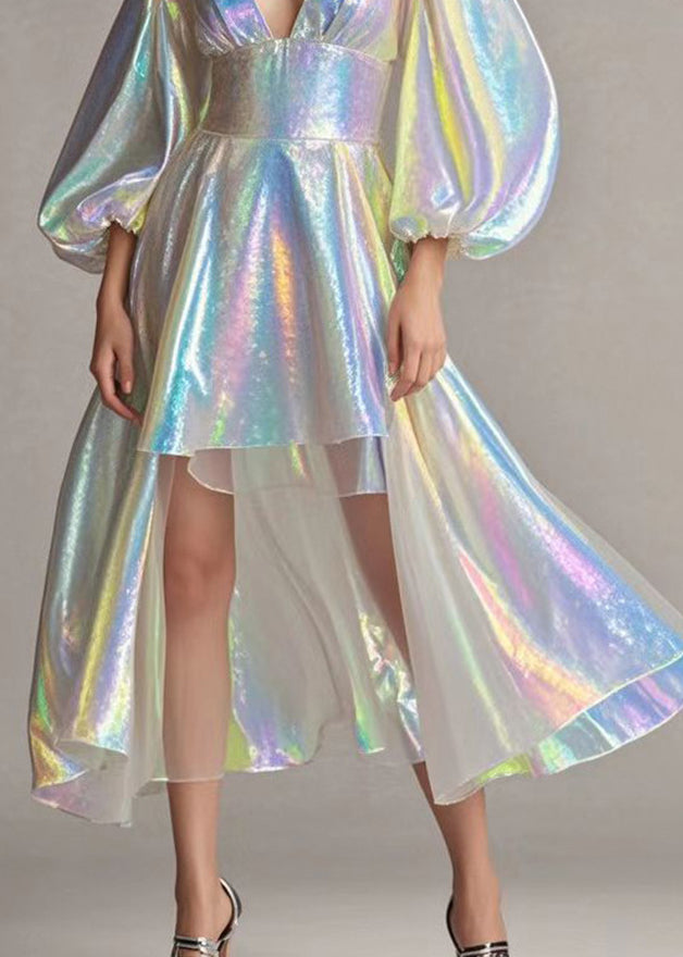 Modern Pearl White Deep-V Neck Low High Design Sequins Dresses Lantern Sleeve