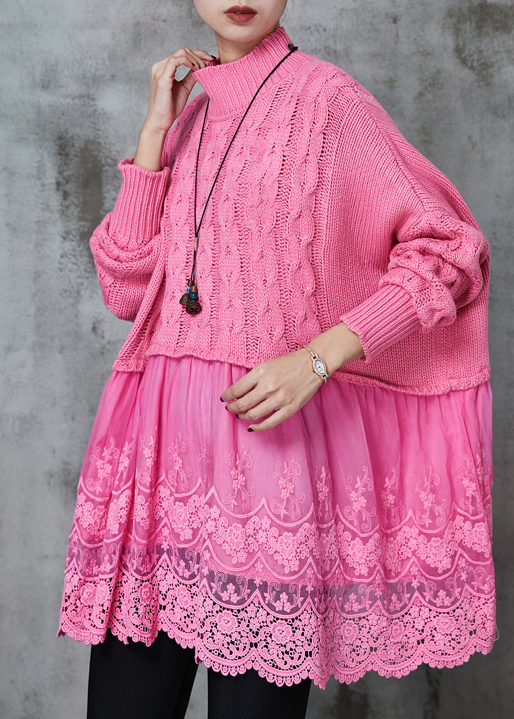 Modern Pink Oversized Patchwork Knit Long Sweater Spring