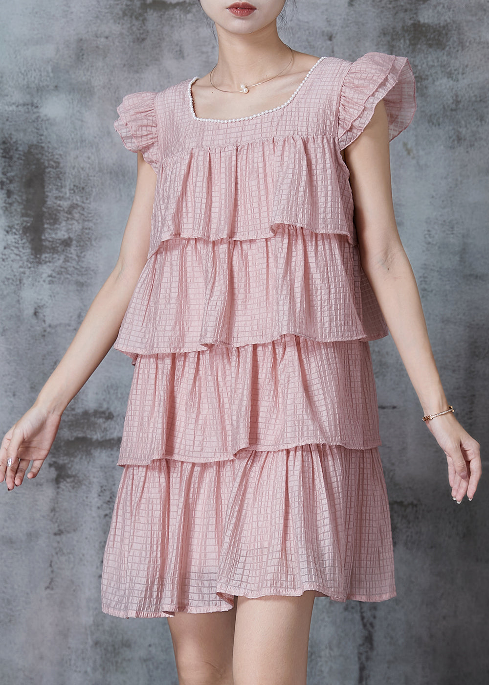 Modern Pink Square Collar Layered Chiffon Tea Dress Summer