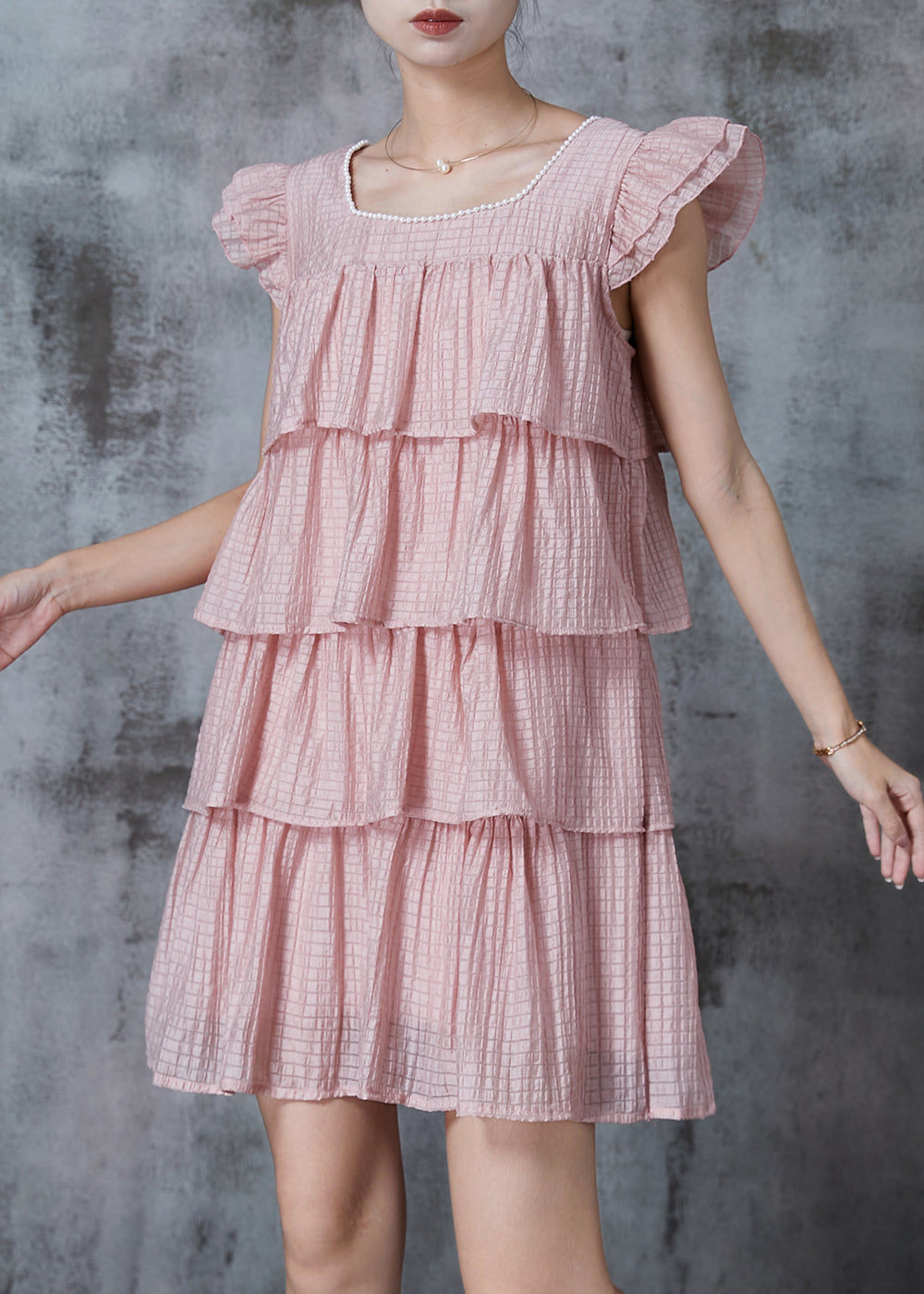 Modern Pink Square Collar Layered Chiffon Tea Dress Summer