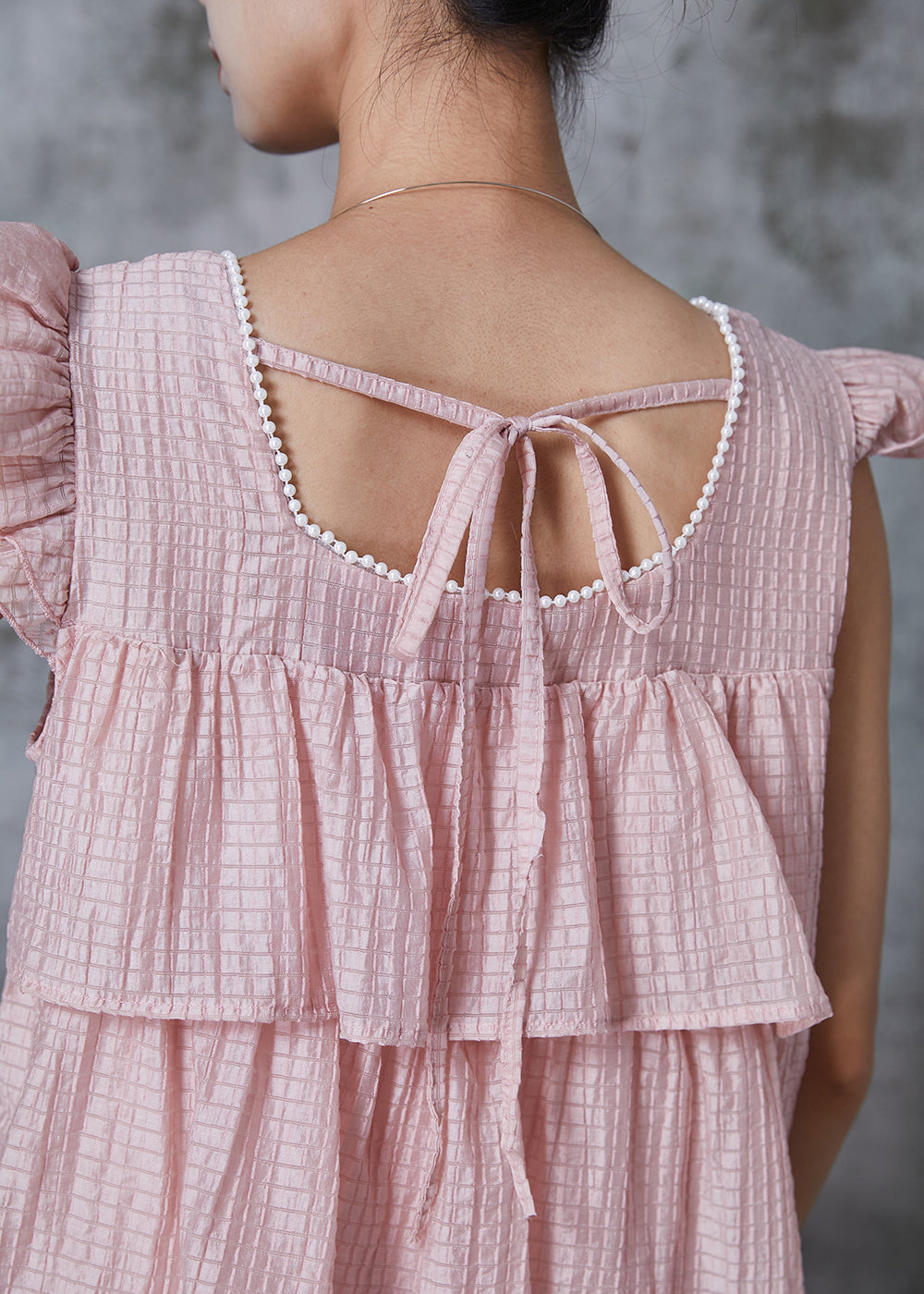 Modern Pink Square Collar Layered Chiffon Tea Dress Summer