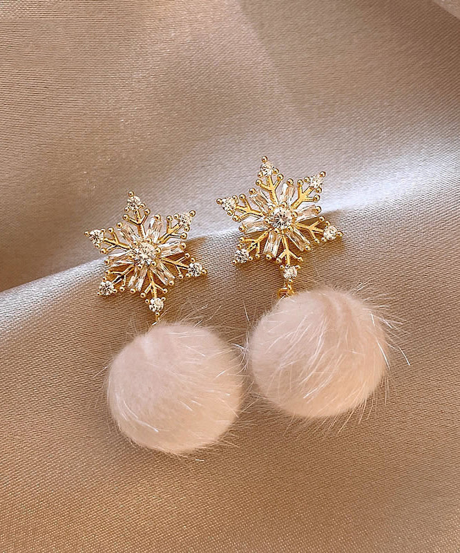 Modern Pink Sterling Silver Overgild Snowflake Fuzzy Ball Decorated Drop Earrings