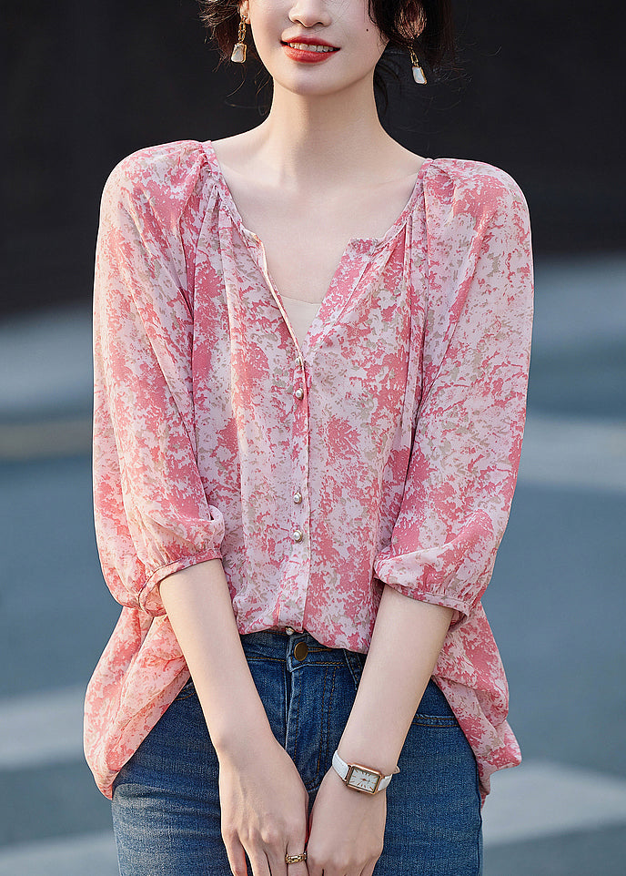 Modern Pink V Neck Print Button Shirt Long Sleeve