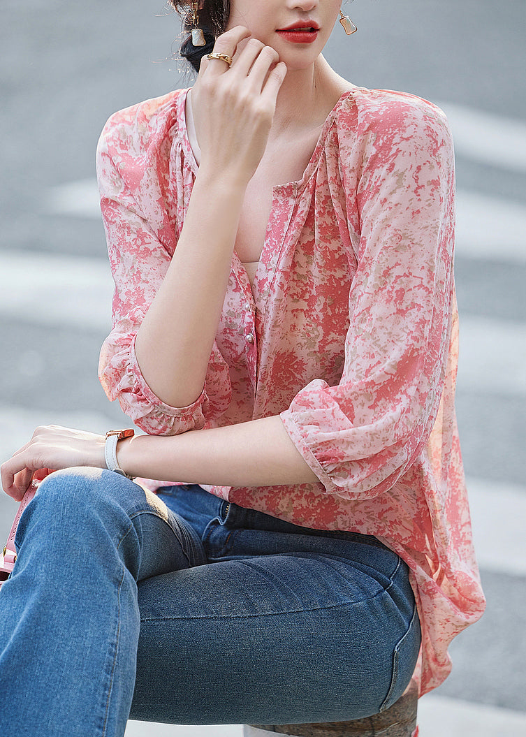 Modern Pink V Neck Print Button Shirt Long Sleeve