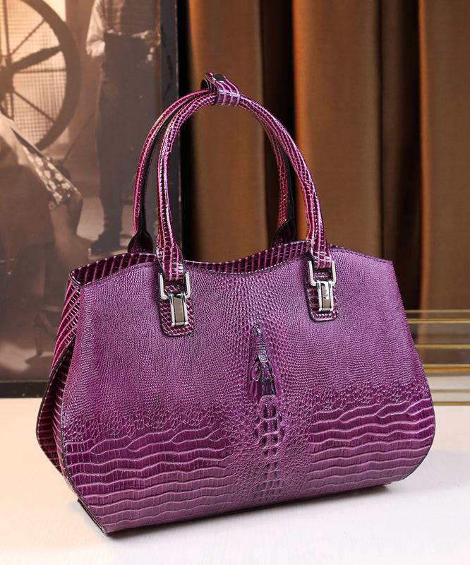 Modern Purple Large Capacity Calf Leather Tote Handbag