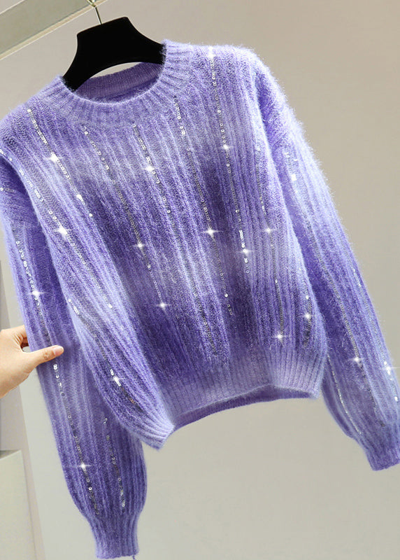 Modern Purple O-Neck Sequins Cotton Knit Sweater