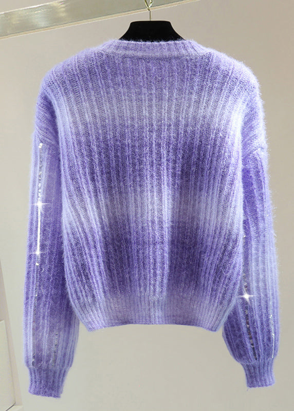 Modern Purple O-Neck Sequins Cotton Knit Sweater