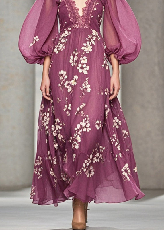 Modern Purple V Neck Print Chiffon Long Dress Puff Sleeve