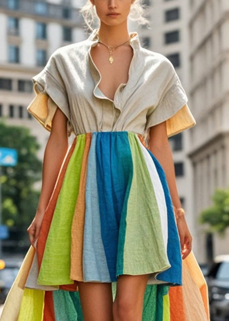 Modern Rainbow Striped Patchwork Low High Design Cotton Dress Summer