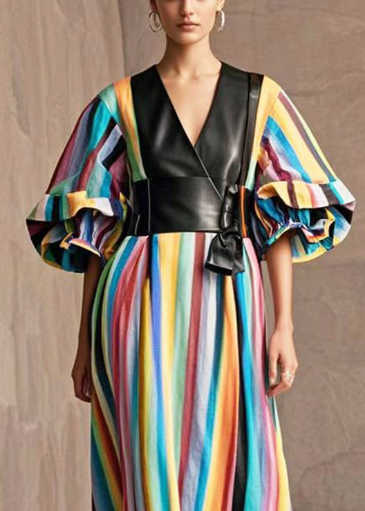 Modern Rainbow Striped Patchwork PU Cotton Dress Puff Sleeve