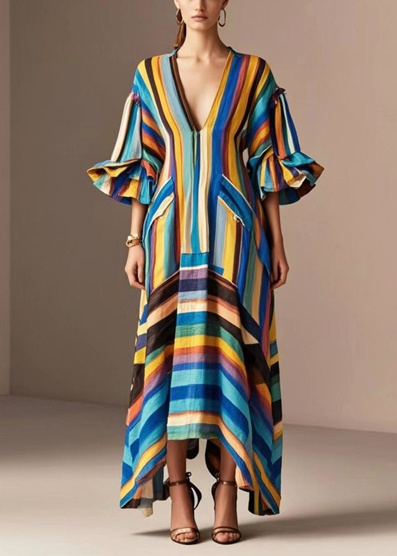 Modern Rainbow V Neck Striped Cotton Maxi Dresses Petal Sleeve