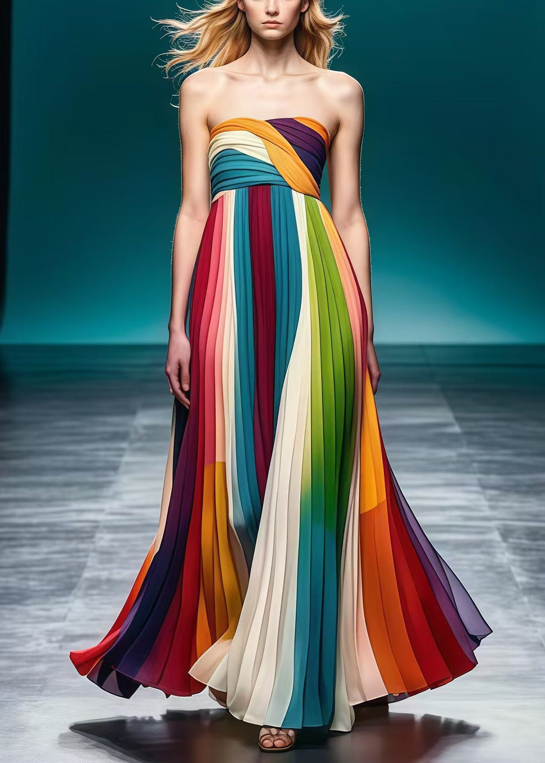 Modern Rainbow Wrinkled Silm Fit Chiffon Strapless Dress Summer