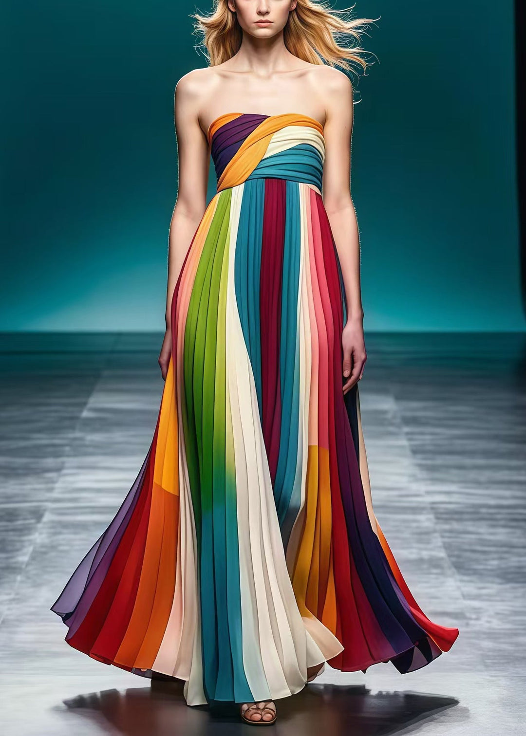 Modern Rainbow Wrinkled Silm Fit Chiffon Strapless Dress Summer