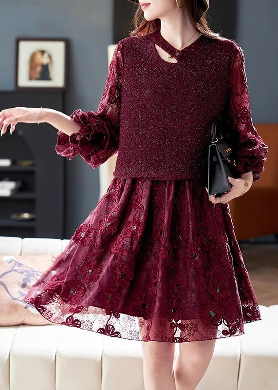 Modern Red O-Neck Patchwork Fake Two Pieces Long Dresses Spring