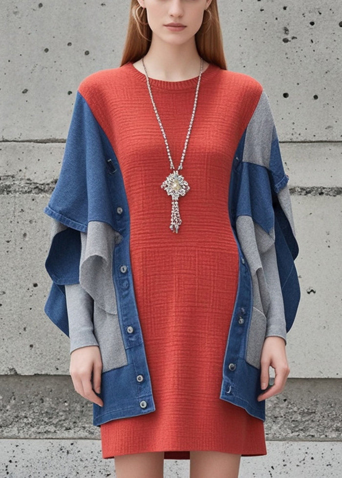 Modern Red Oversized Patchwork Knit Fake Two Piece Dress Fall