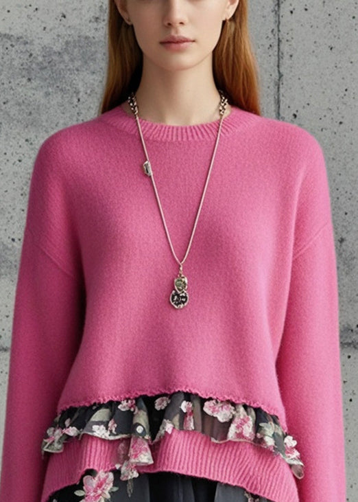 Modern Rose Asymmetrical Patchwork Print Sweaters Fall