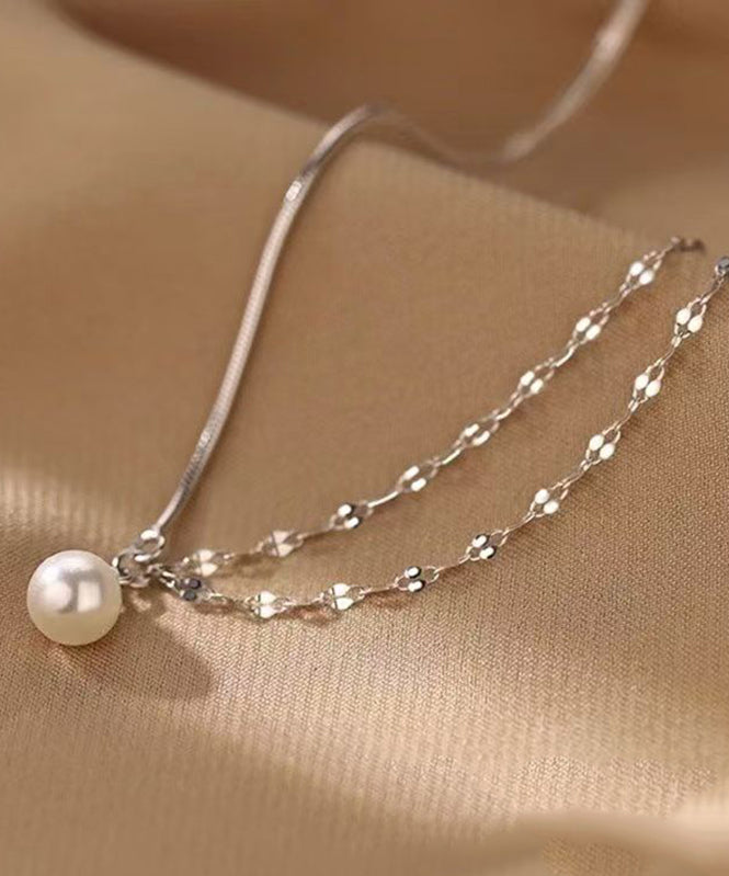 Modern Silk Sterling Silver Double Layer Pearl Pendant Necklace