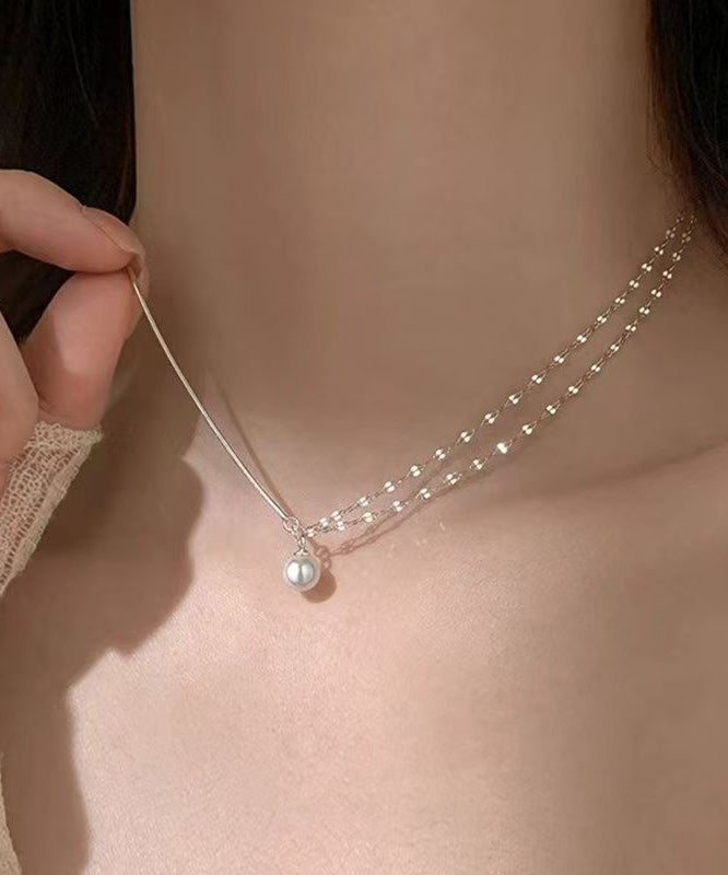 Modern Silk Sterling Silver Double Layer Pearl Pendant Necklace