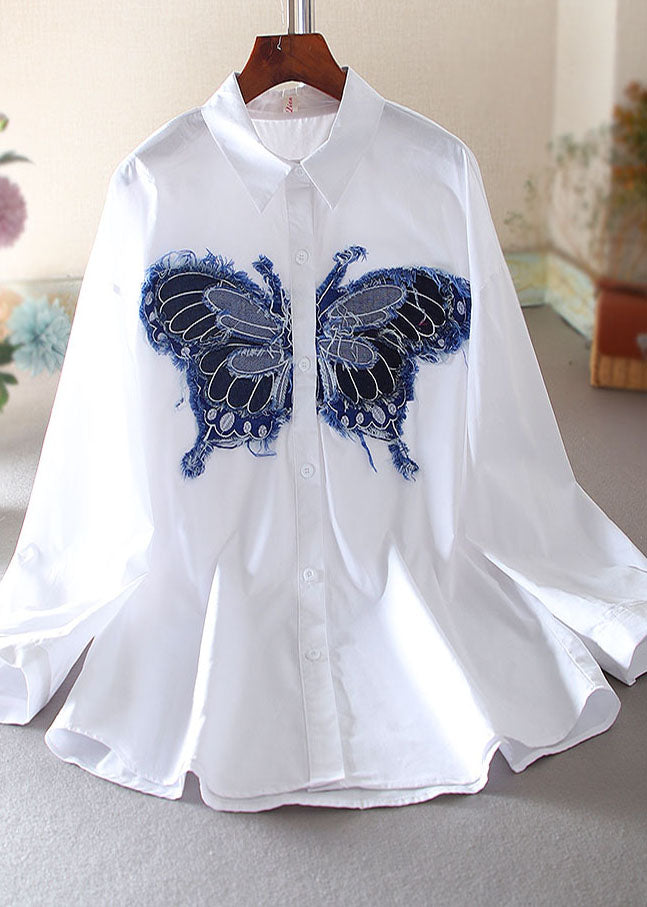 Modern White Embroidered Butterfly Cotton Blouses Spring