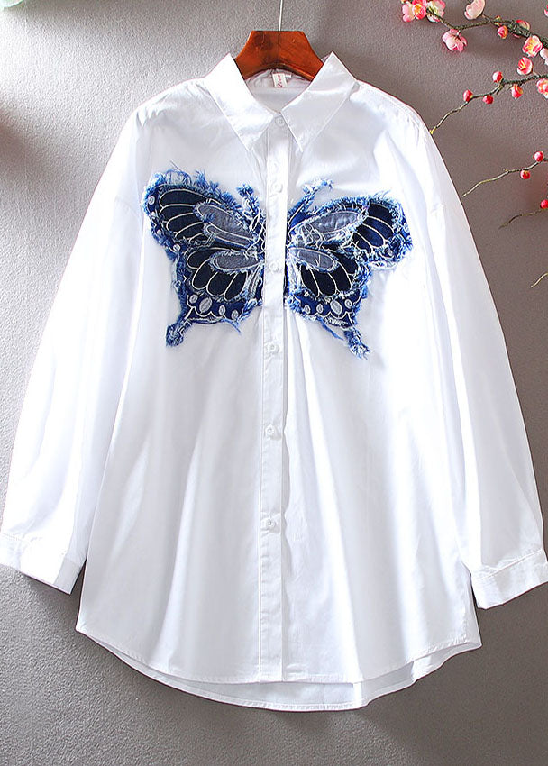 Modern White Embroidered Butterfly Cotton Blouses Spring