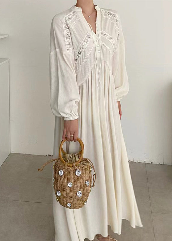 Modern White V Neck Patchwork Lace Maxi Dresses Spring