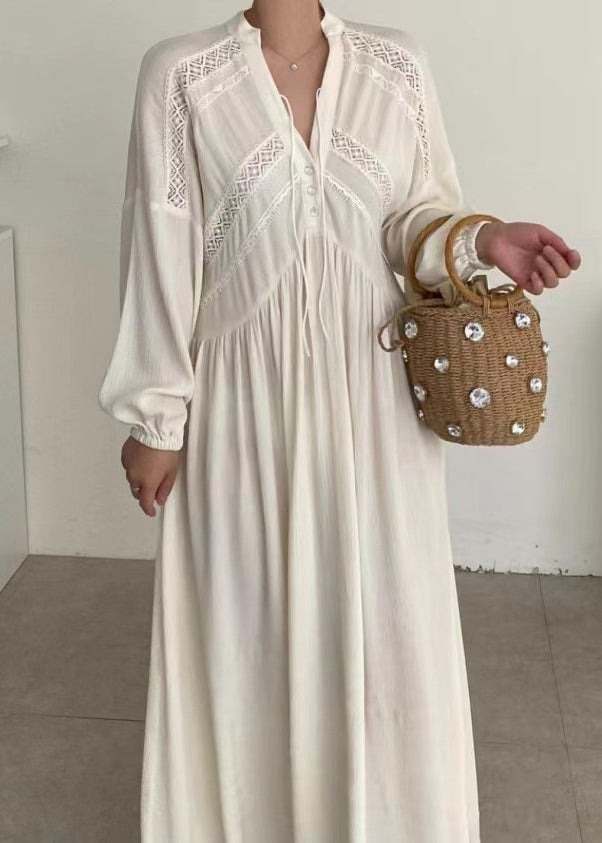 Modern White V Neck Patchwork Lace Maxi Dresses Spring