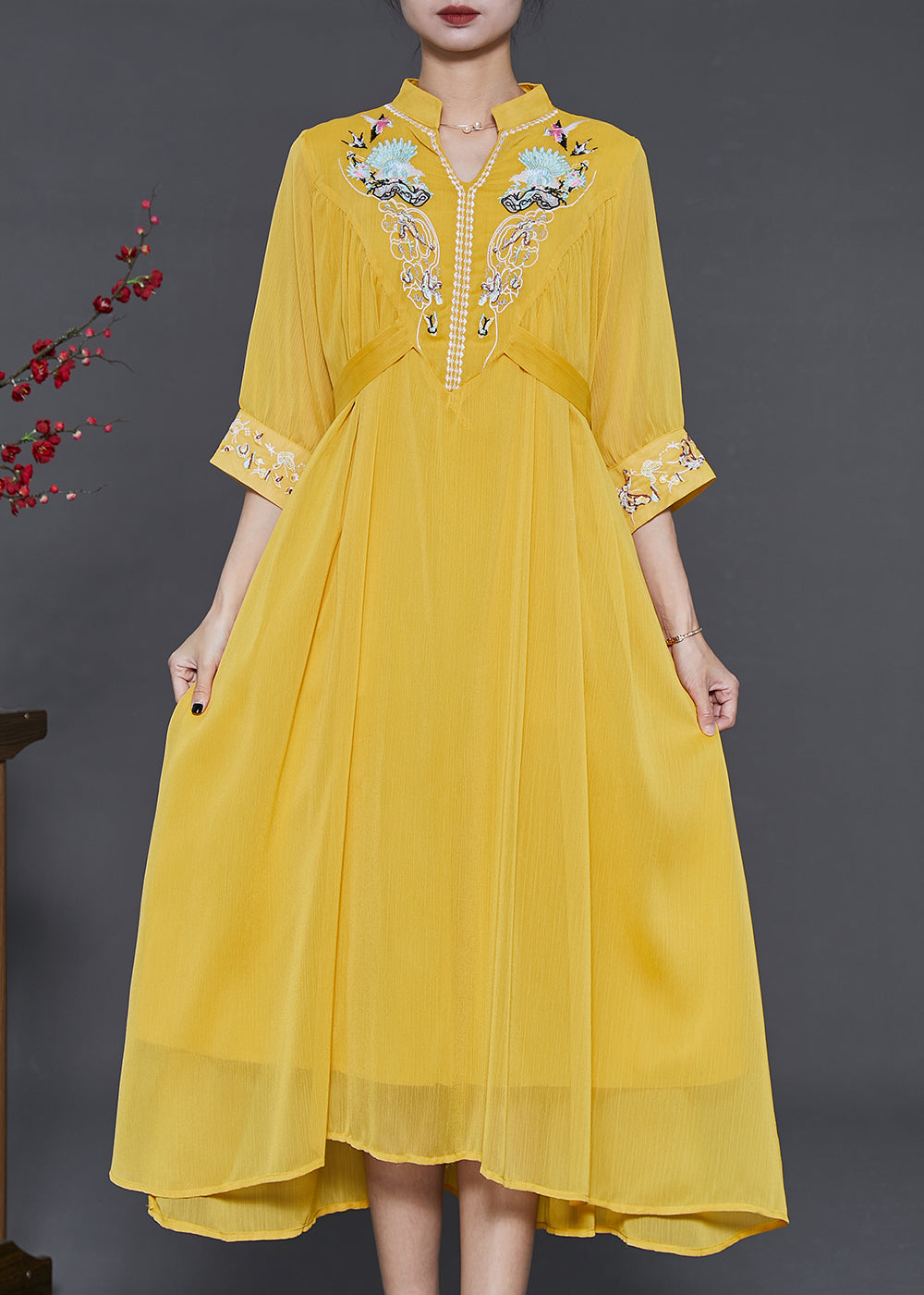 Modern Yellow Stand Collar Embroidered Beach Dresses Summer