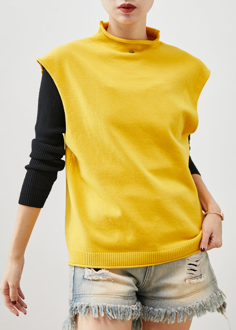 Modern Yellow Turtle Neck Knit Vest Top Spring