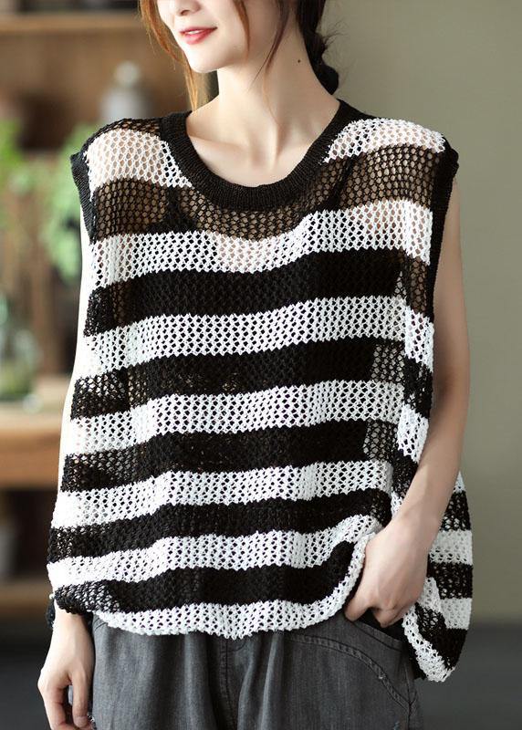 Mulberry Striped Hollow Out Summer Linen Tank Sleeveless