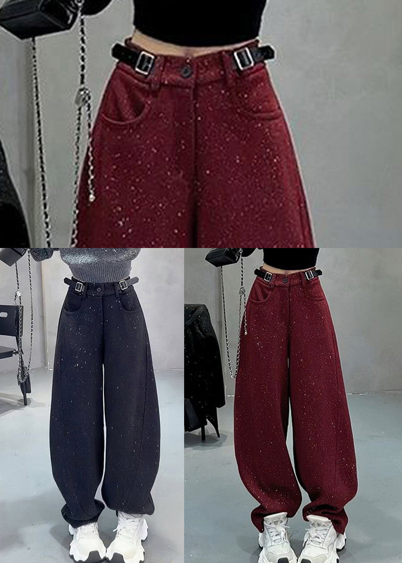 Mulberry Woolen Warm Fleece Wide Leg Pants Sequins Spring