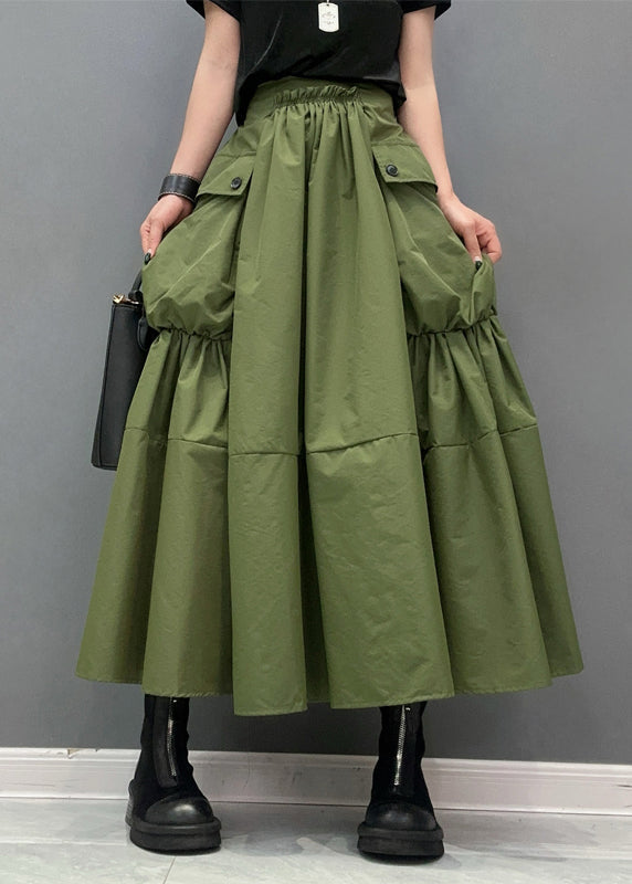 Natural Army Green Patchwork Pockets Elastic Waist Skirts Summer