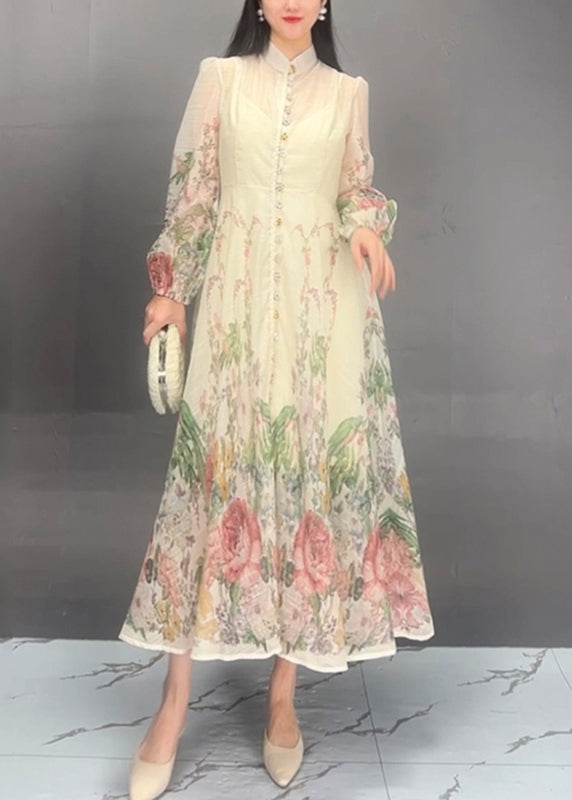 Natural Beige Stand Collar Print Silk Long Dresses Fall