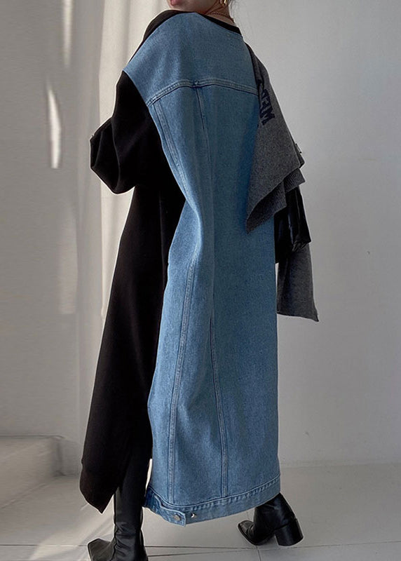 Natural Black Oversized Patchwork Denim Long Dresses Spring