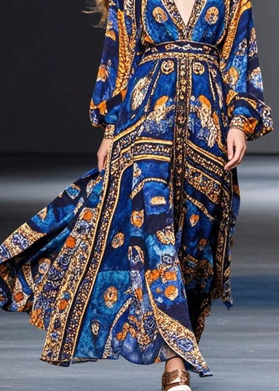 Natural Blue Cinched Print Chiffon Maxi Dresses Fall