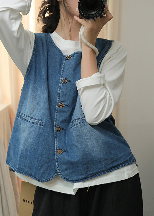 Natural Blue O Neck Button Denim Vest Sleeveless