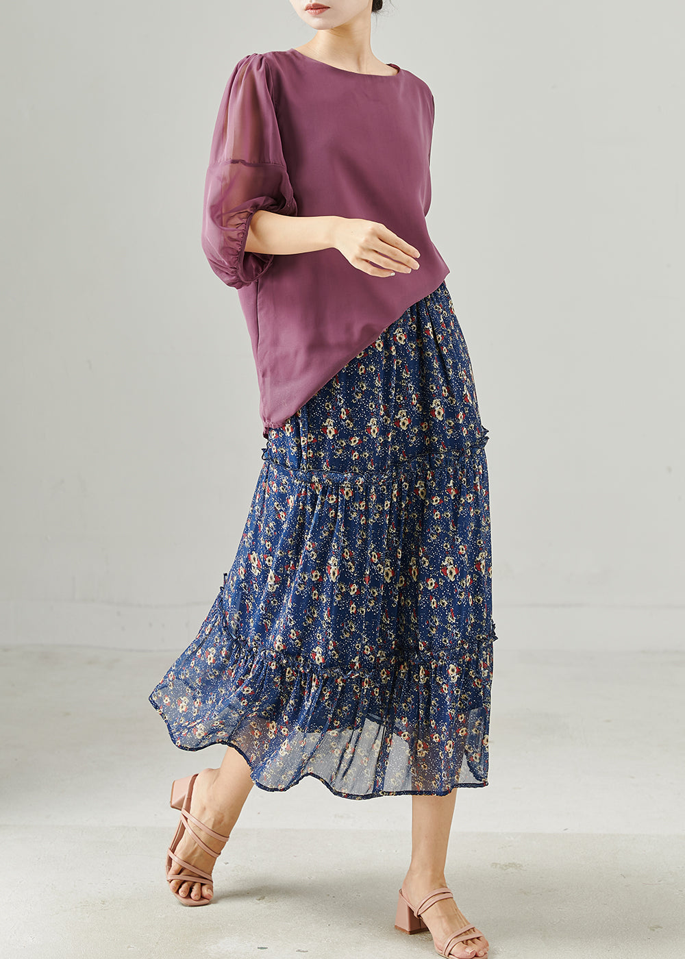 Natural Blue Ruffled Print Chiffon Skirt Spring