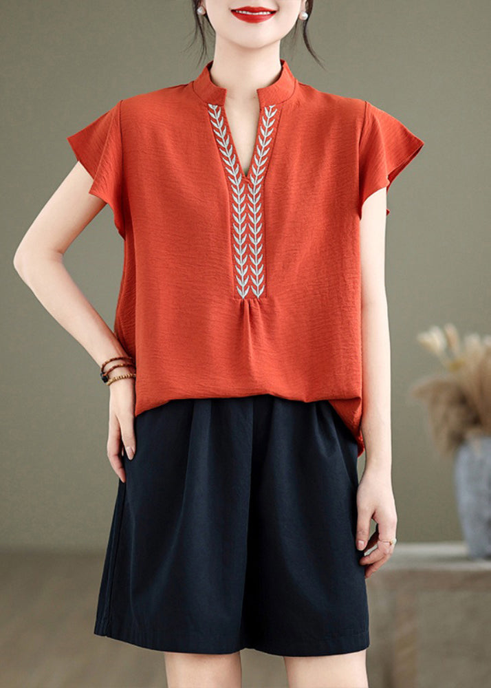 Natural Brick Red Embroidered Cotton Shirt Top Butterfly Sleeve